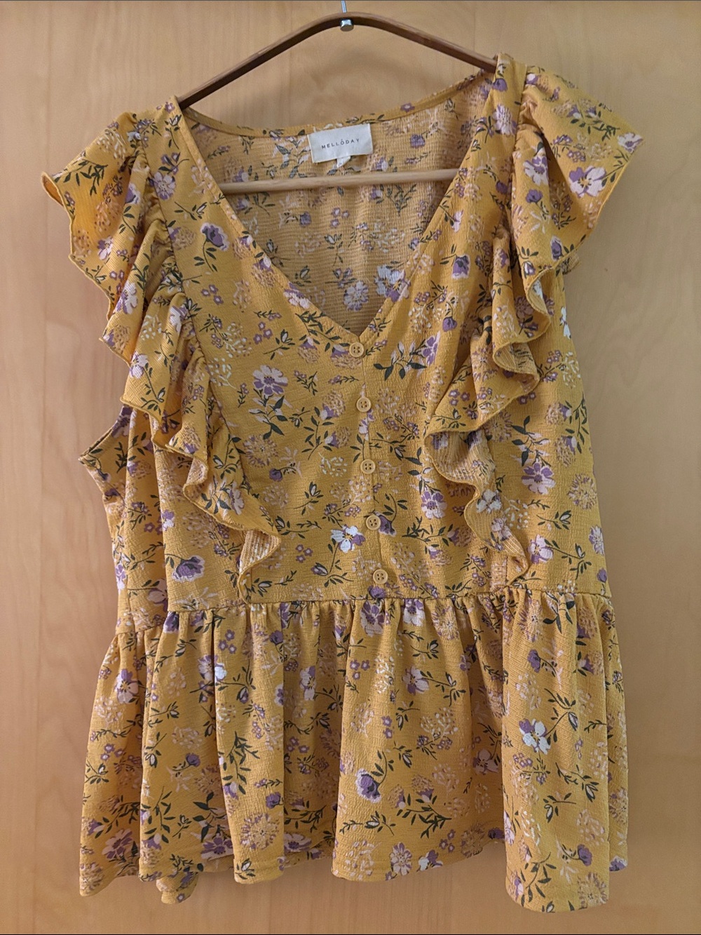 MELLODAY Mustard Yellow Floral Ruffle Peplum Top